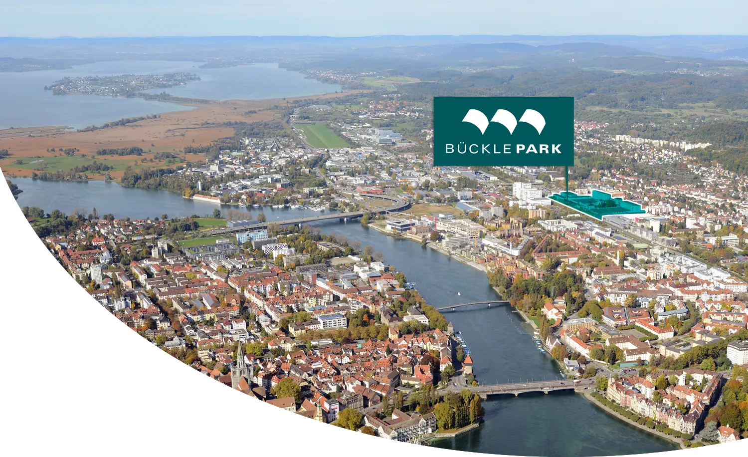 Illustrationsfoto - Luftaufnahme Konstanz Seehrhein mit grafischer Hervorhebung Standort Bücklepark